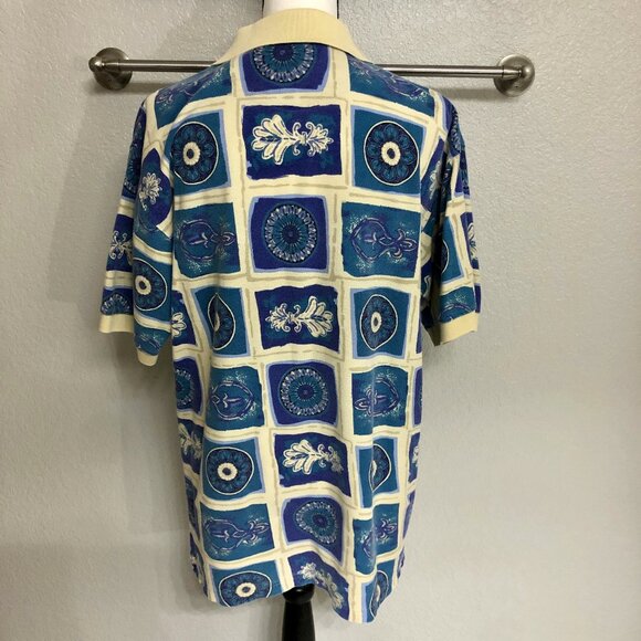 Cute Oversized 90s 2-Button Teal and Blue Pattern Golf Shirt - Size S (Fits XL) - Picture 7 of 10